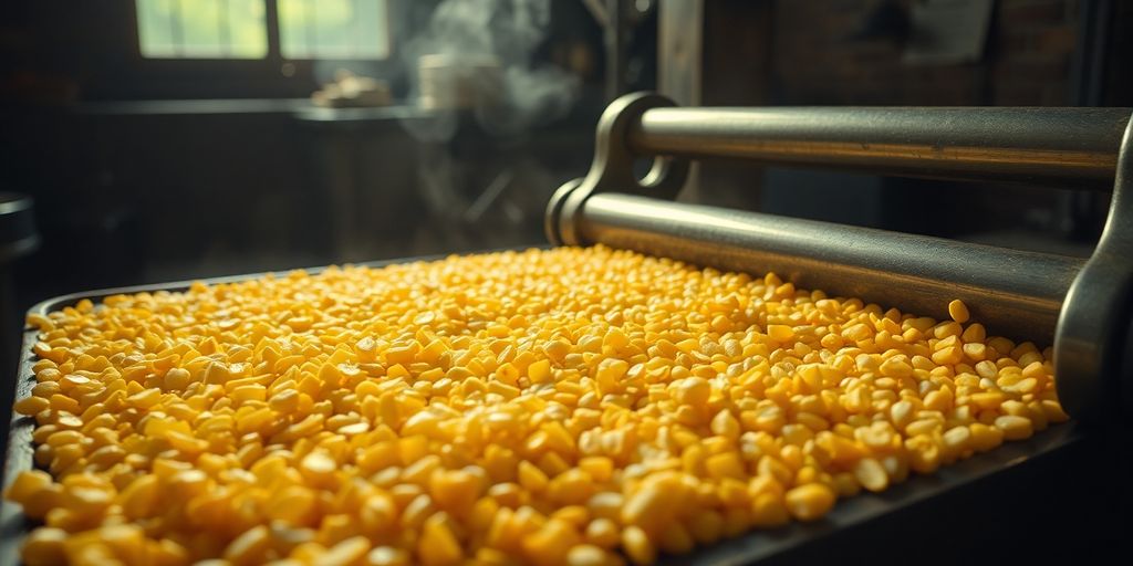 Flaked corn kernels on a metal roller.