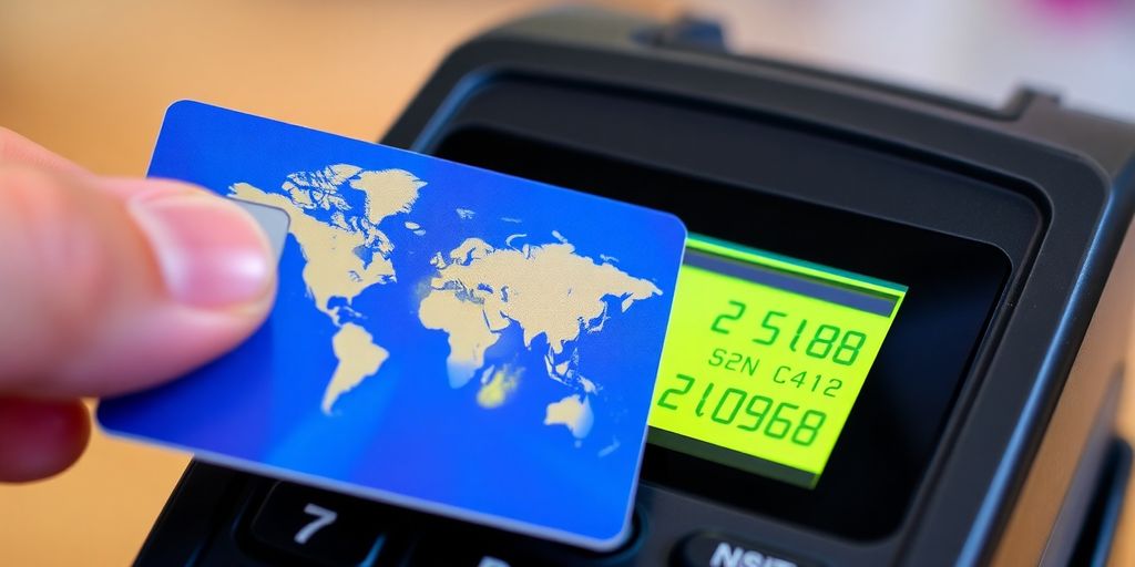 Credit card in payment terminal for currency conversion.