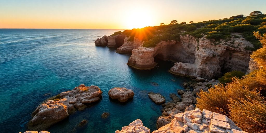 Küstenansicht von Apulien mit klarem Wasser und Felsen.