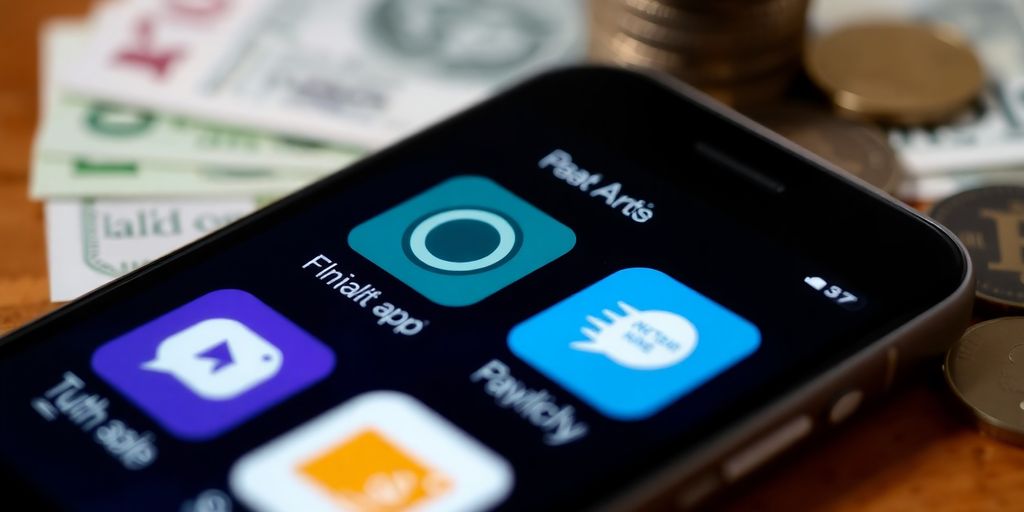 Smartphone avec applications de paiement et argent flou en arrière-plan.