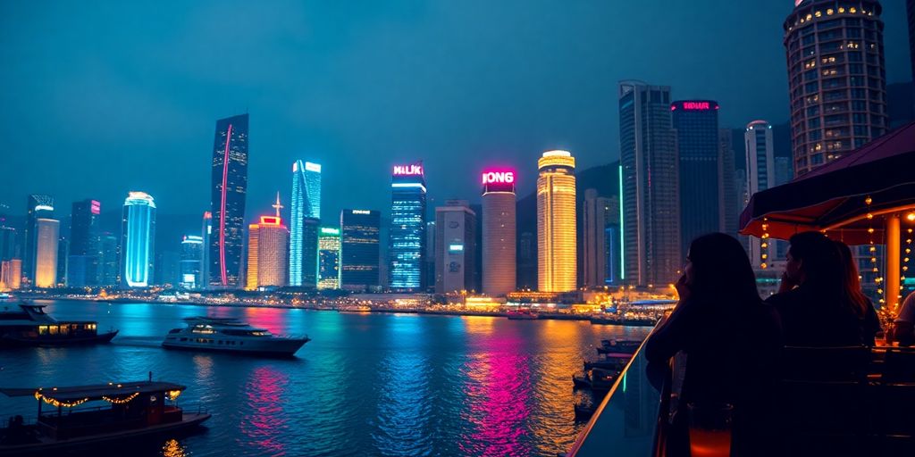 Neon-lit Hong Kong skyline at night.