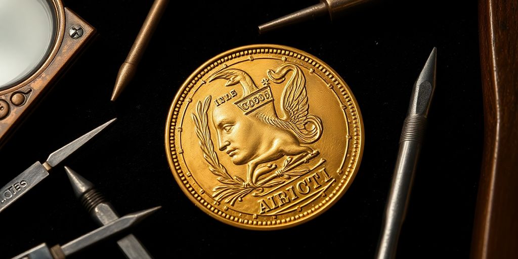 Pièce d'or antique sur un fond sombre.