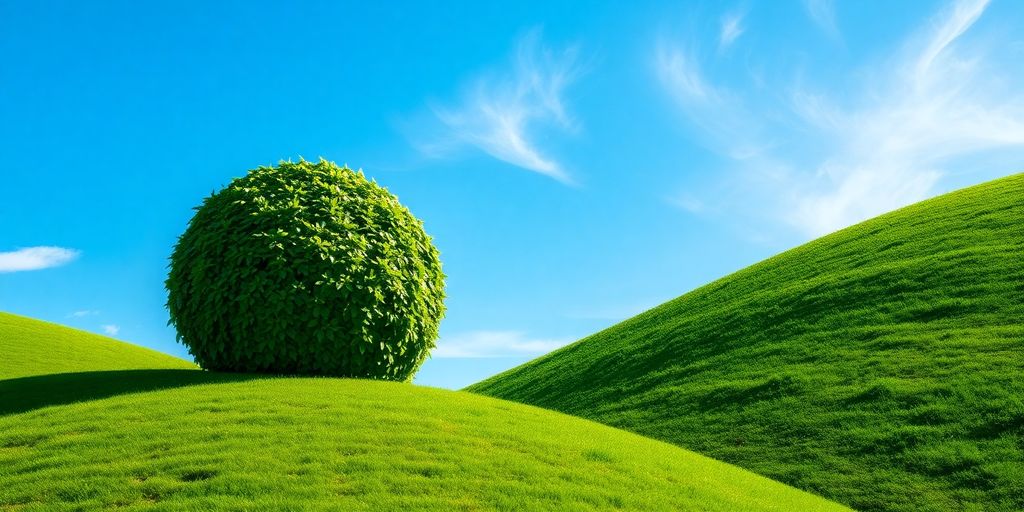 Green globe with leaves, clear skies.
