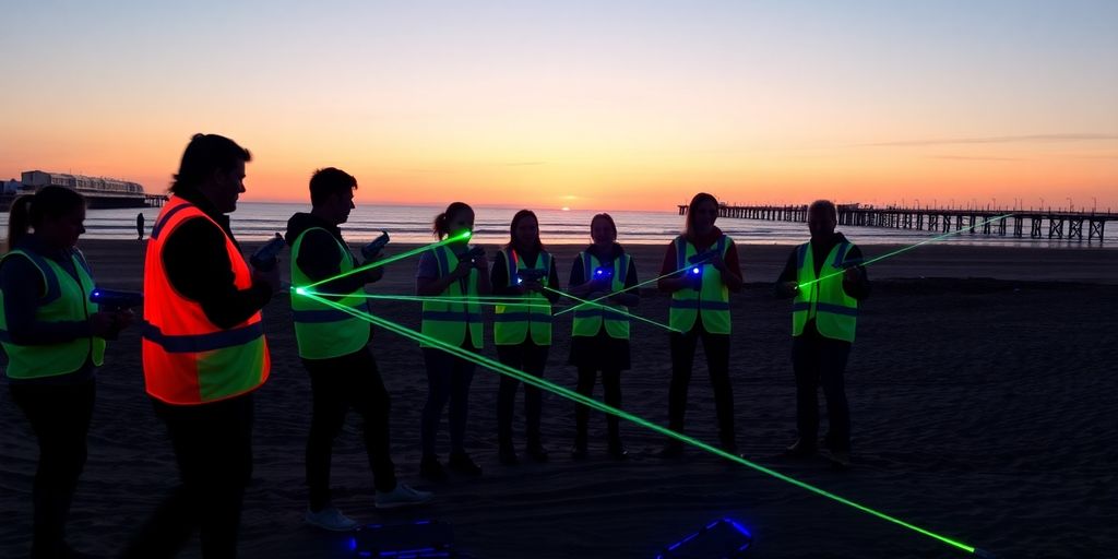 Players wearing neon vests playing laser tag on Weston-super-Mare beach