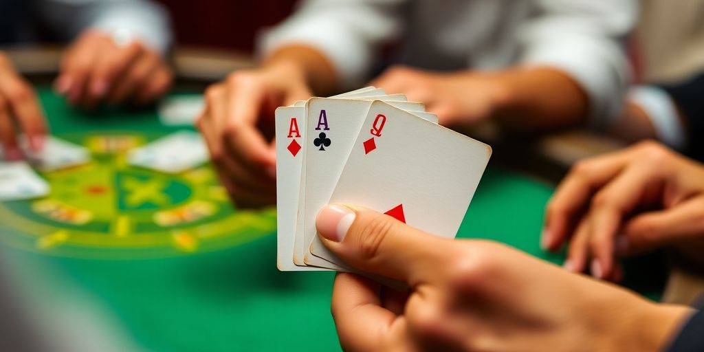 Hands with blackjack cards, decision point.