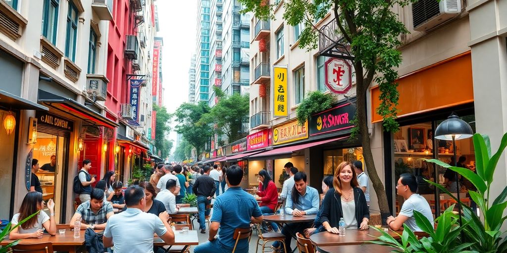 Young professionals socialising in a lively Shanghai neighbourhood.
