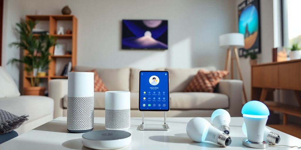 Modern living room with smart home devices and decor.