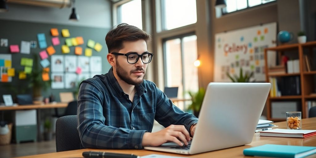 Webdesigner bei der Arbeit in modernem Büro.