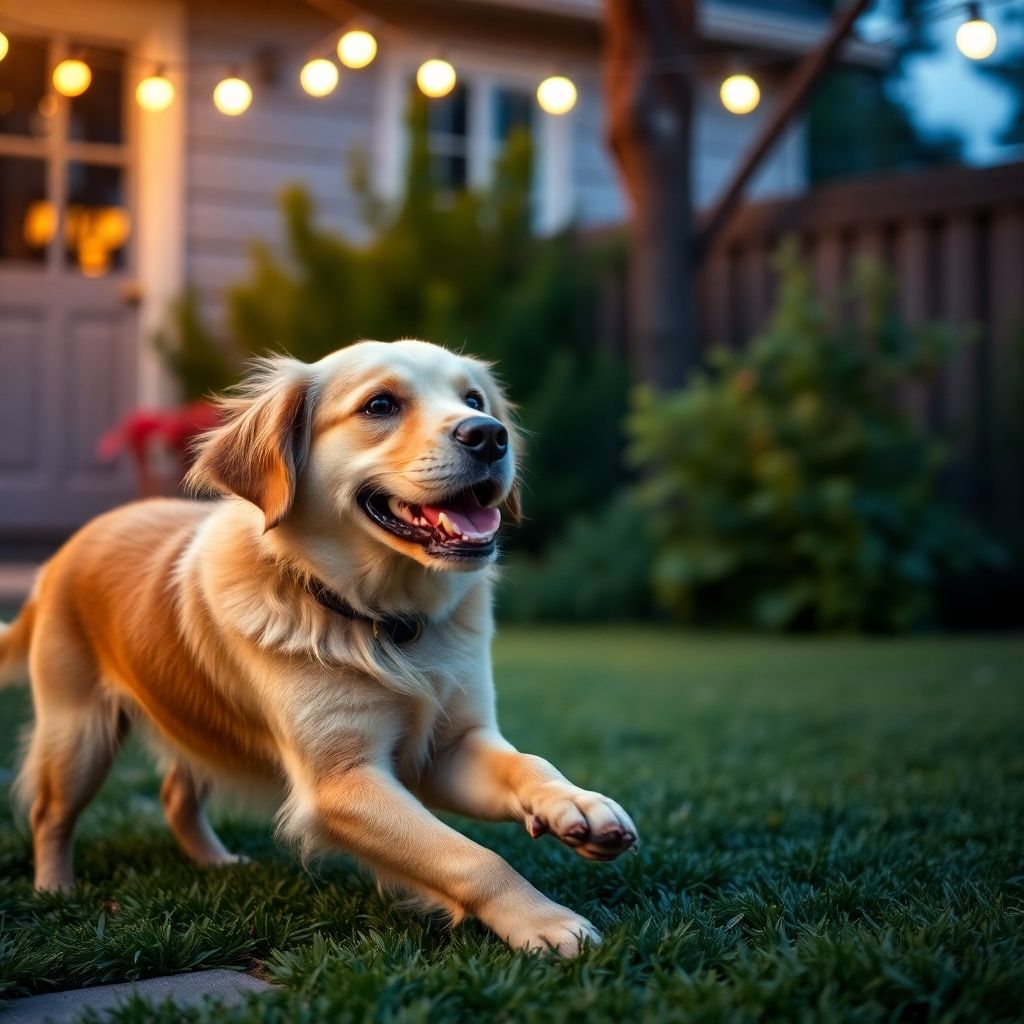 Pet playing in yard with soft, glowing lights.
