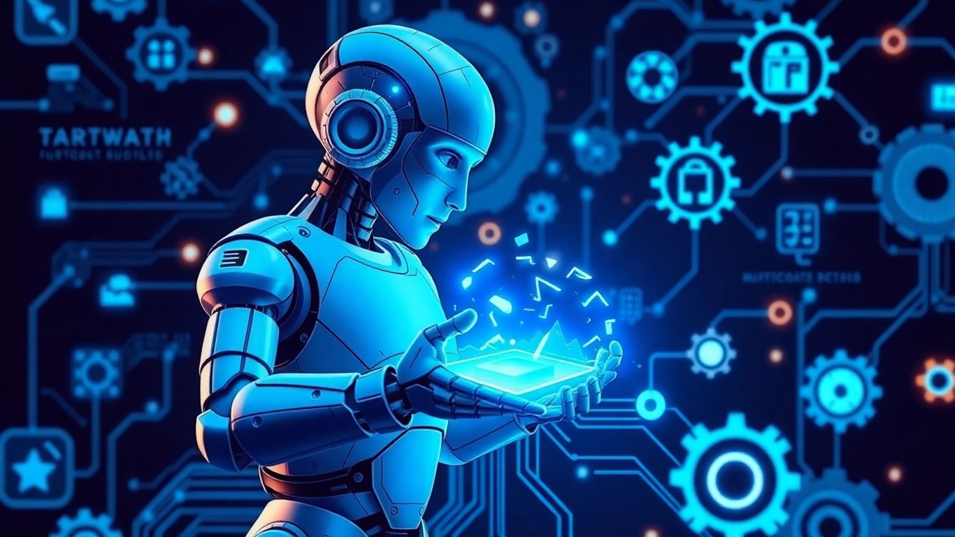Futuristic robot with circuitry and software icons infographic