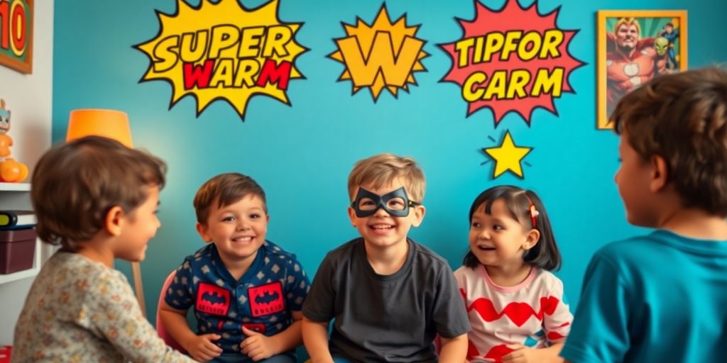 Children smiling with colorful superhero motivational wall art.