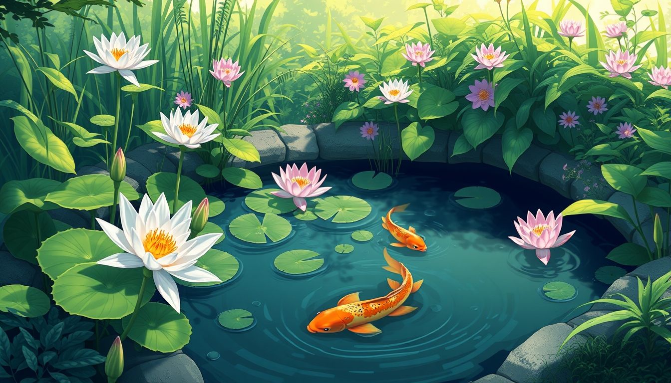 Serene water garden with lilies and koi fish.