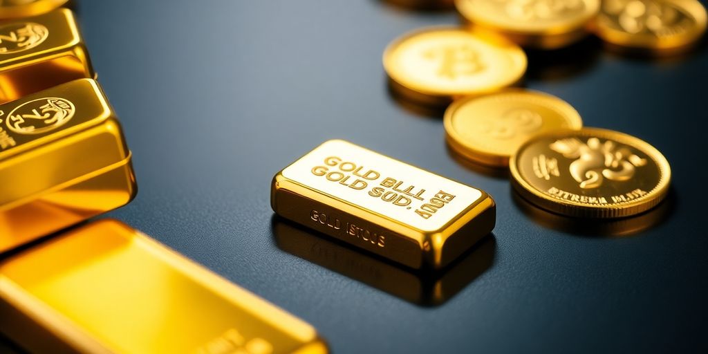 Battes d'or brillantes et pièces disposées avec soin.