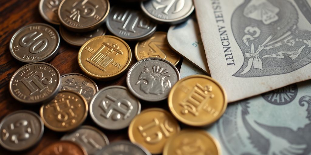 Pièces anciennes et billets de banque sur un établi.