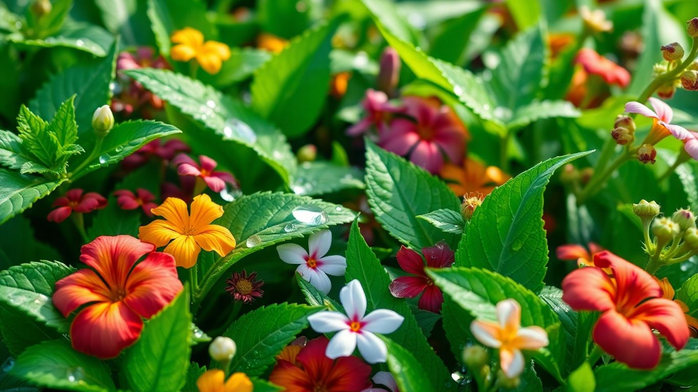 Plantas medicinais vibrantes e orvalhadas em close-up.