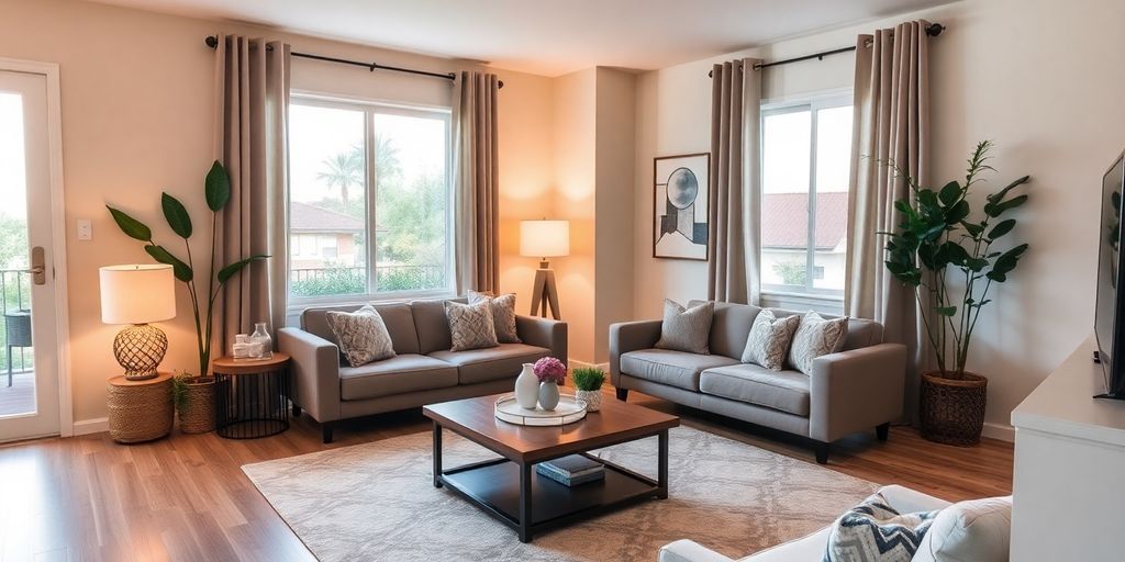 Cozy living room with inviting decor and natural light.