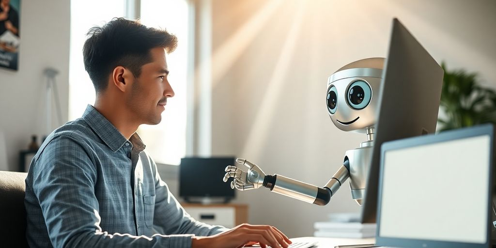 Person, computer with magnifying glass, friendly robot