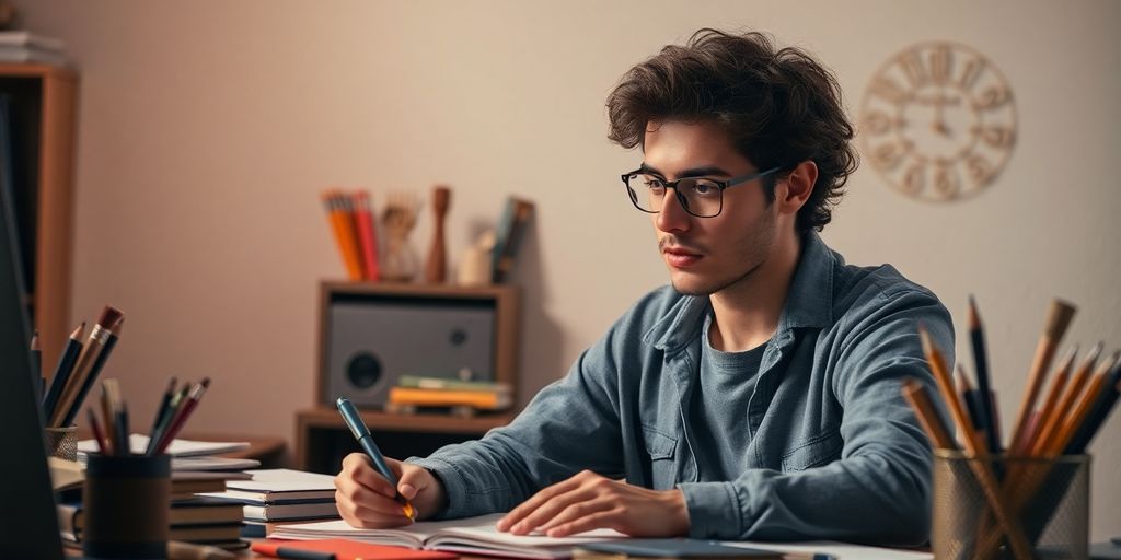 Person writing engaging content with creative tools.