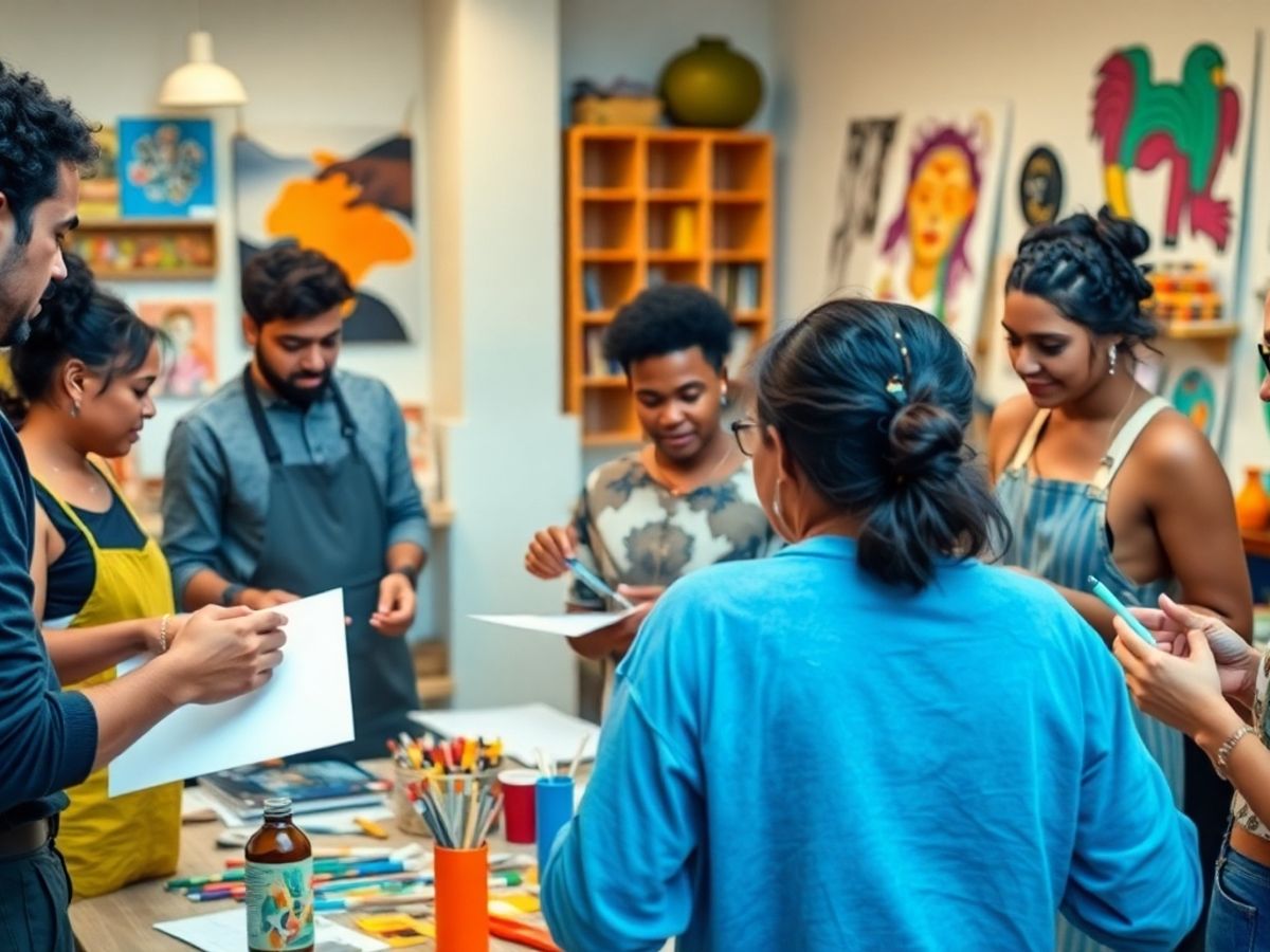 Diverse artists collaborating in a lively creative studio.