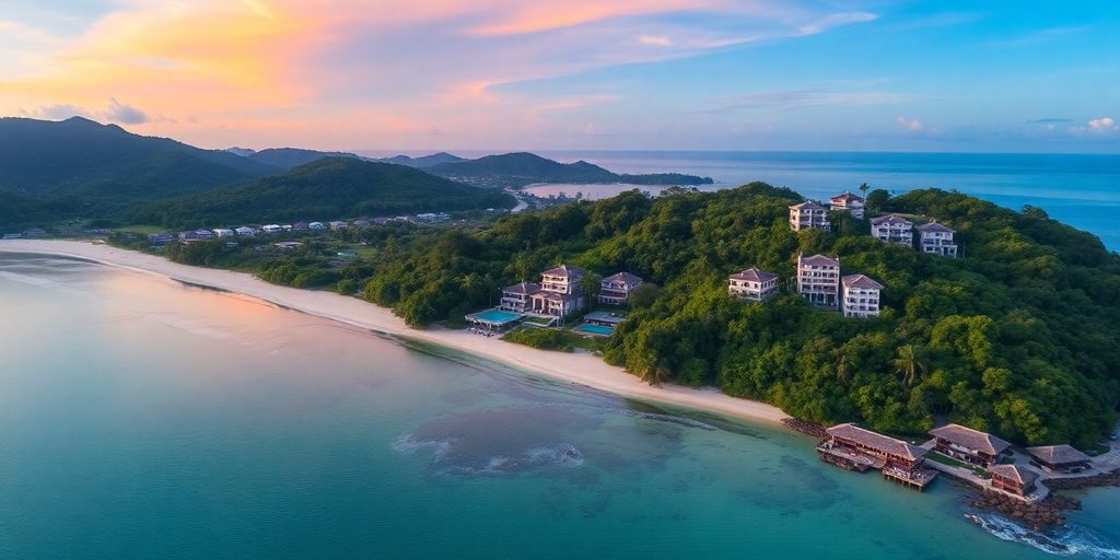 Aerial view of Phuket beaches and luxury villas.