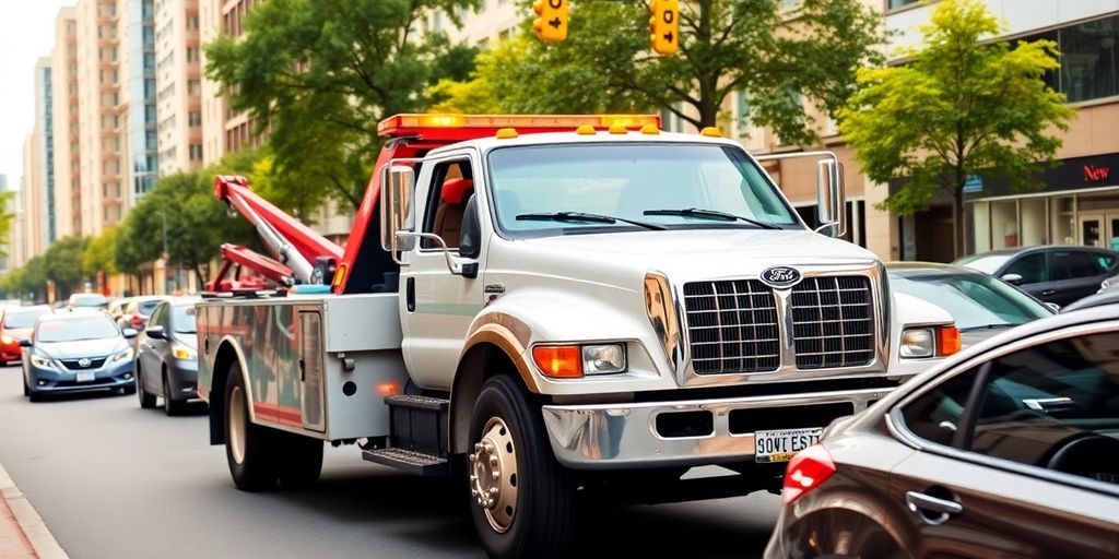 Tow truck assisting vehicles in a busy urban setting.