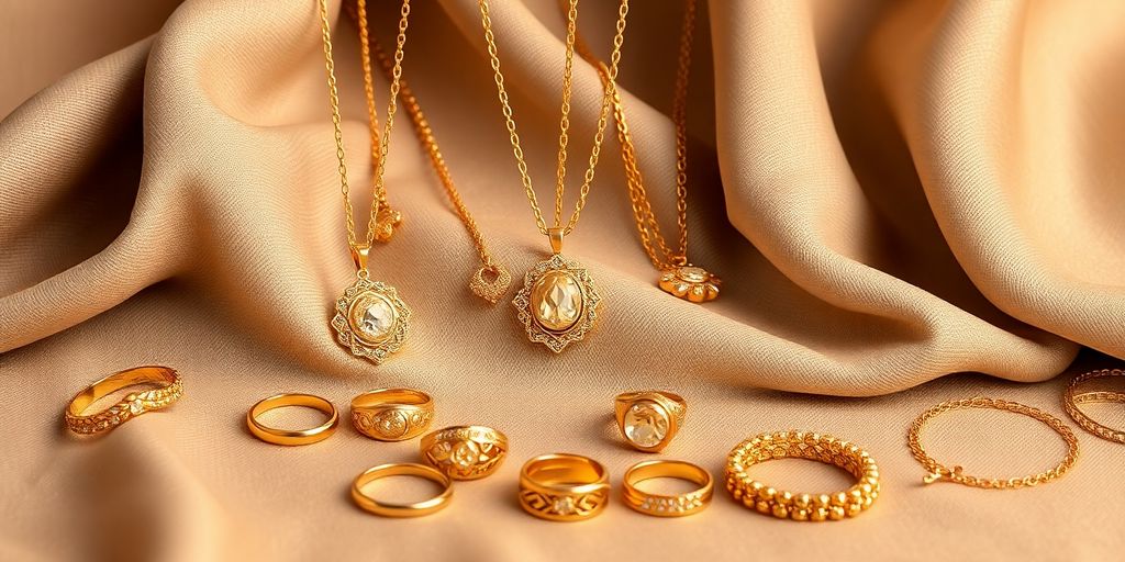 Bijoux en or élégamment disposés sur un tissu luxueux.