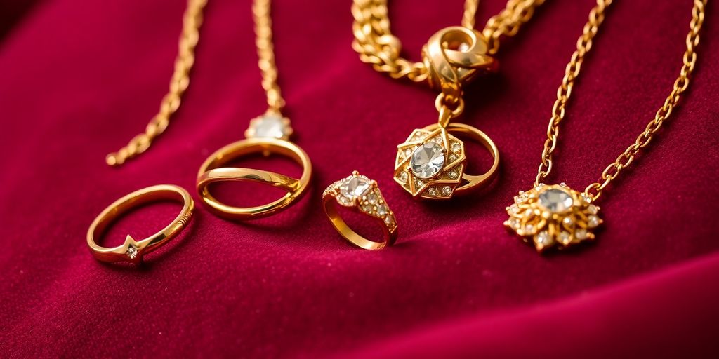 Bijoux en or sur un fond en velours.