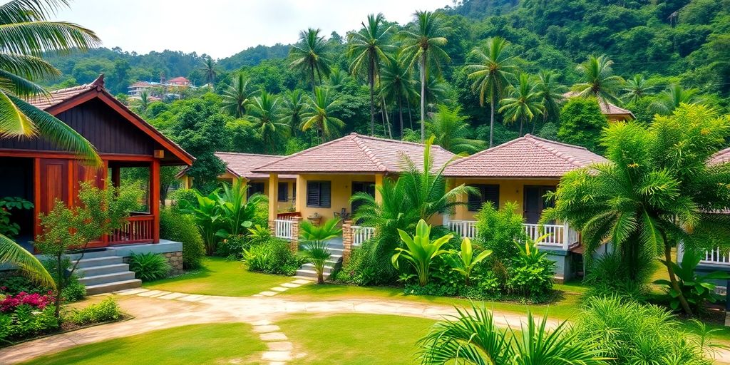 Colourful Thai houses in a lush green setting.
