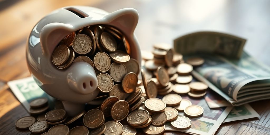 Porquinho de cerâmica com moedas e notas ao redor.