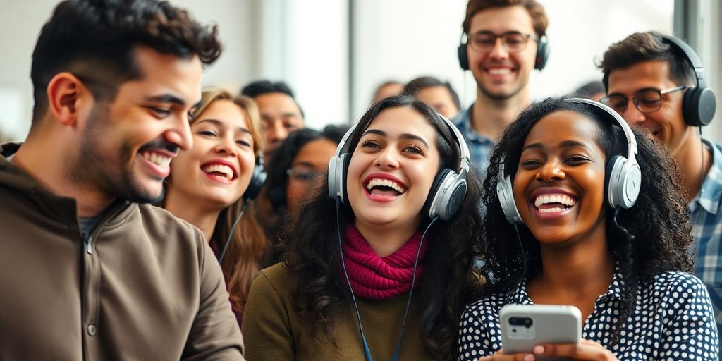 Personas escuchando pódcasts con audífonos vibrantes.