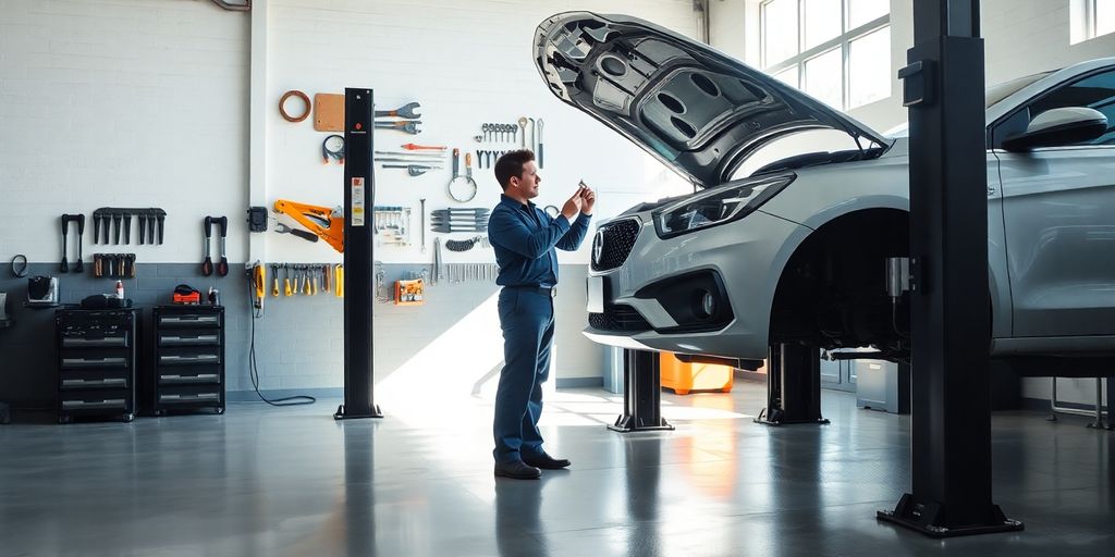 Mechanic inspecting engine, car lift in modern auto shop.