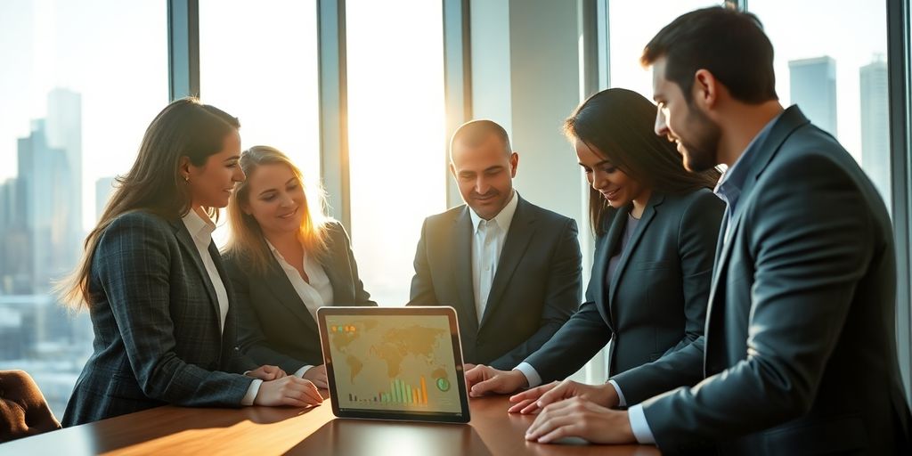 Diverse business people, global investments, growth.