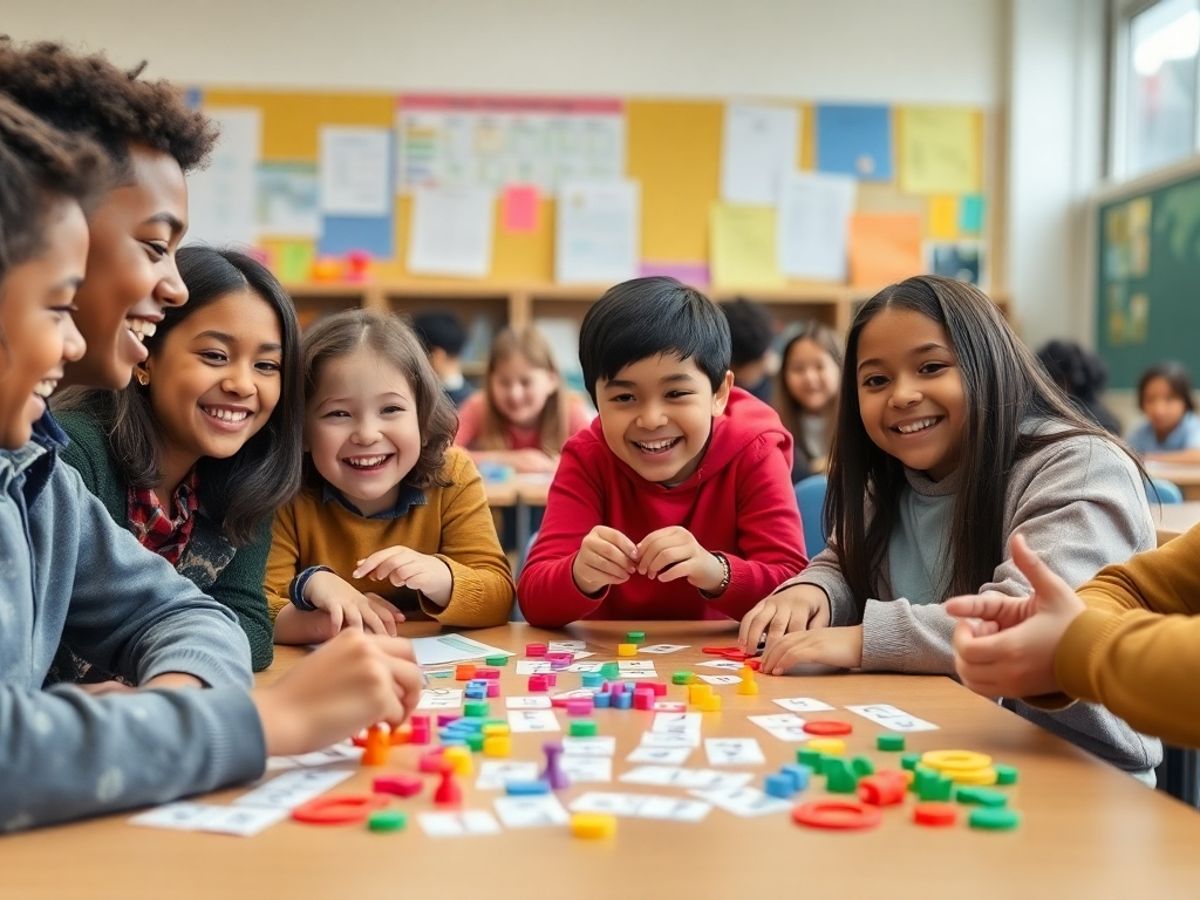 Students playing fun spelling games in a lively classroom.