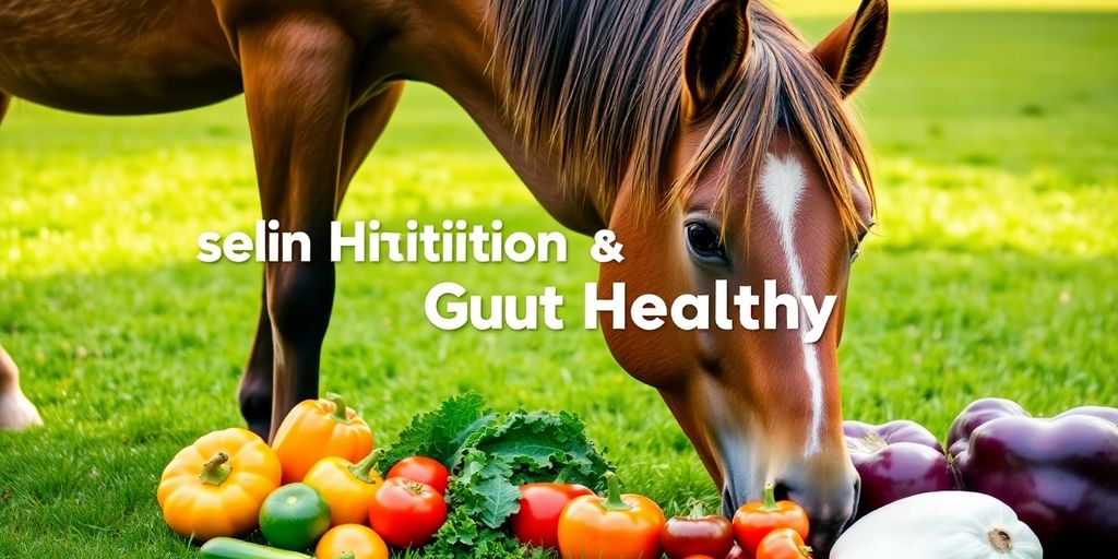 Healthy horse with fresh fruits and vegetables on grass.