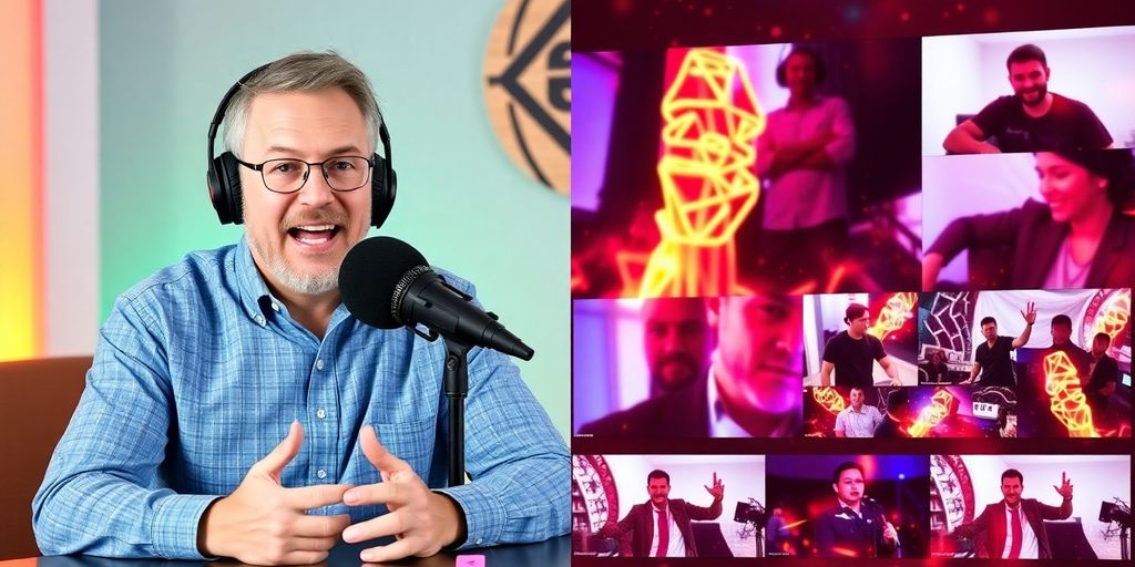 Podcast highlight reel playing on a screen.