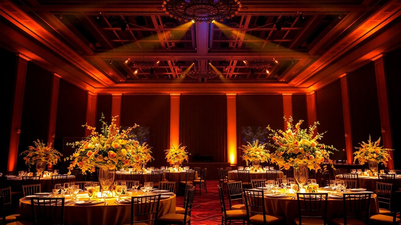 Elegant event hall with warm golden uplighting and floral centerpieces.