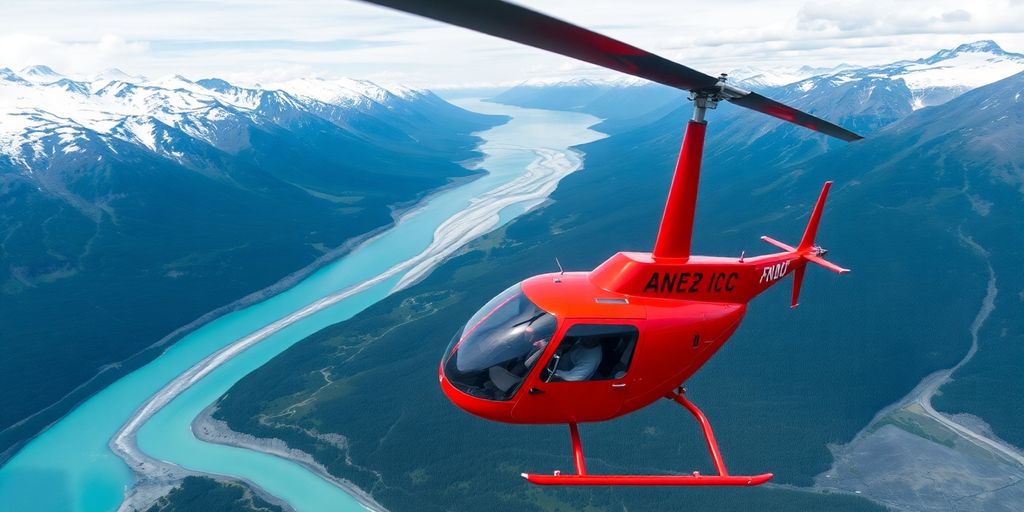 A red helicopter flies over Alaskan mountains and a river.
