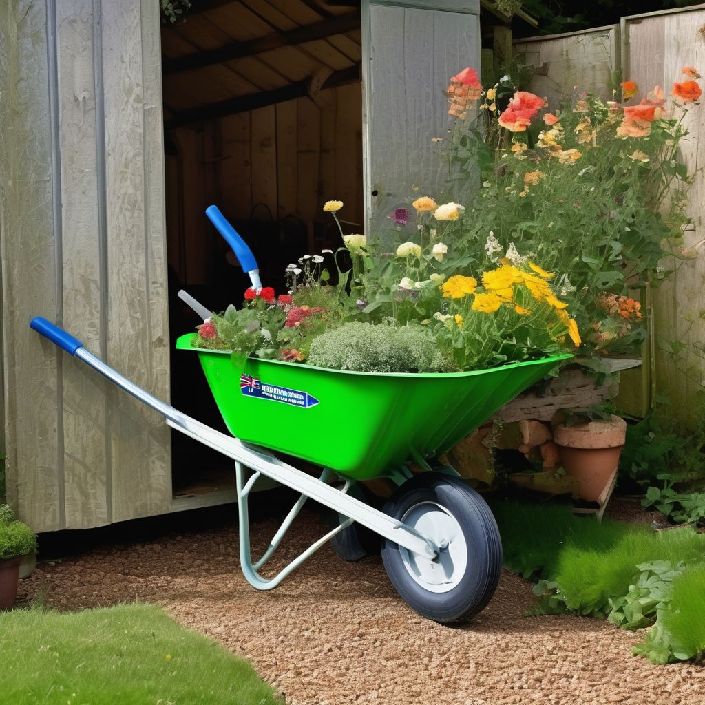 wheelbarrow in a British garden shed