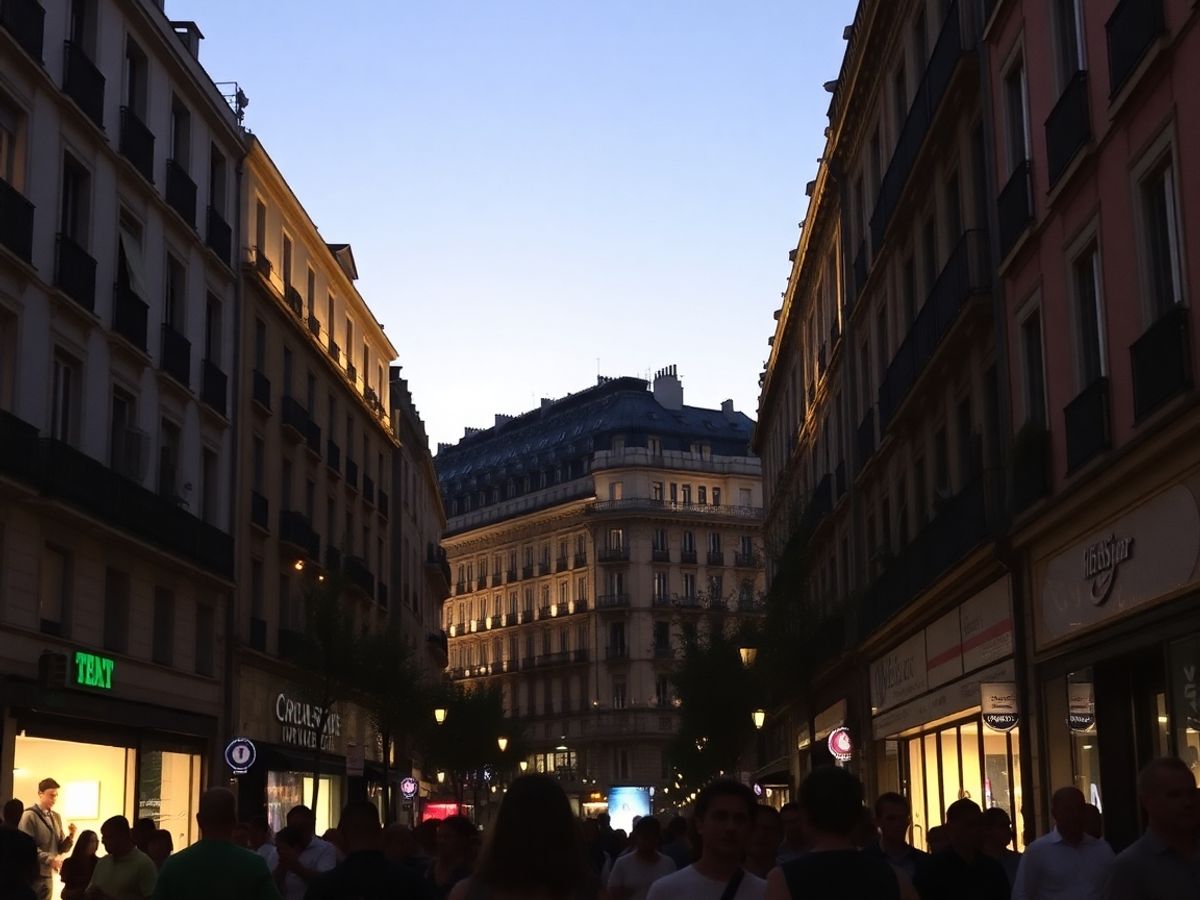 Vibrant Madrid street scene at night with illuminated buildings and people.