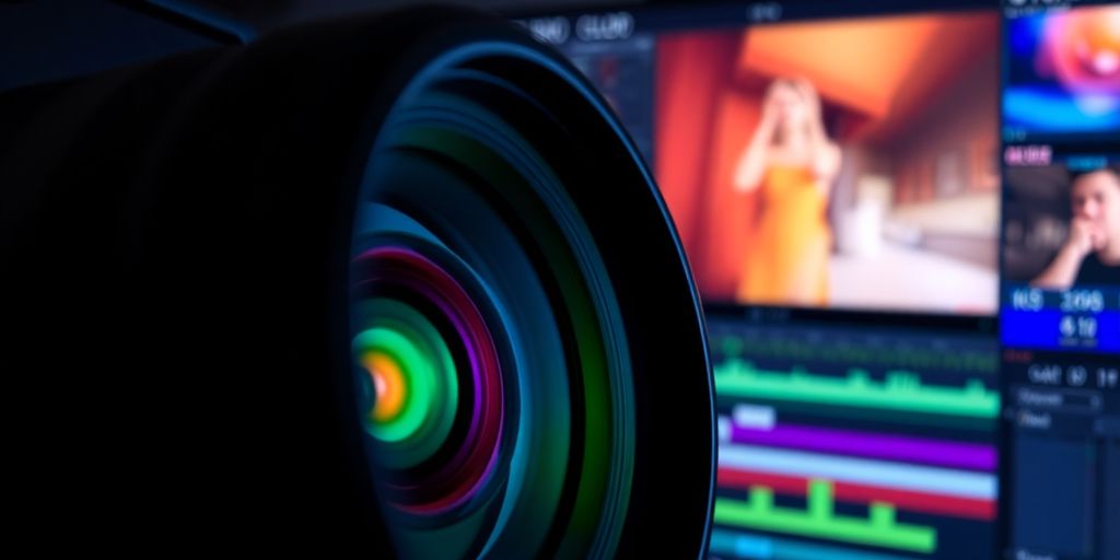 Videographer editing footage on a professional editing suite.