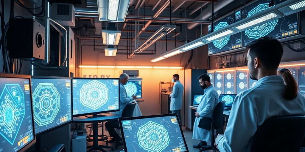 Scientists developing quantum-proof blockchain technology in a lab.
