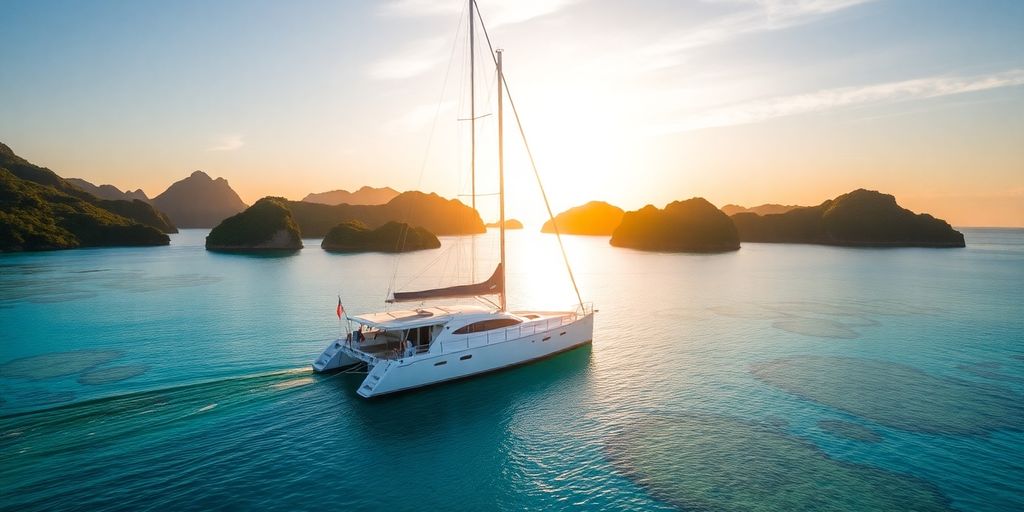 Luxurious catamaran sailing in Labuan Bajo's turquoise waters.