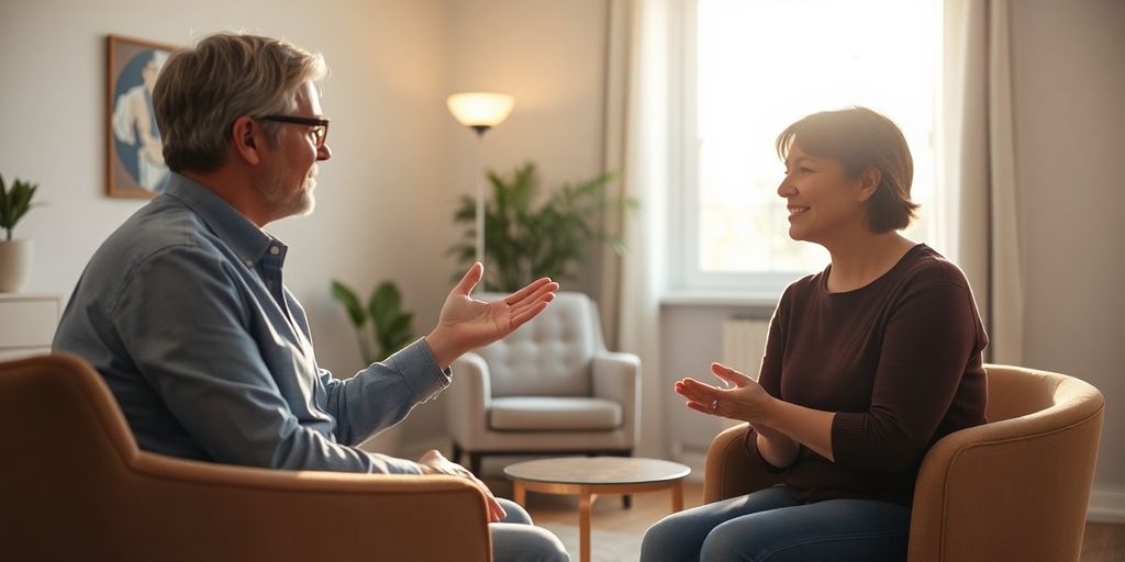 Therapist and patient talking, warm light.
