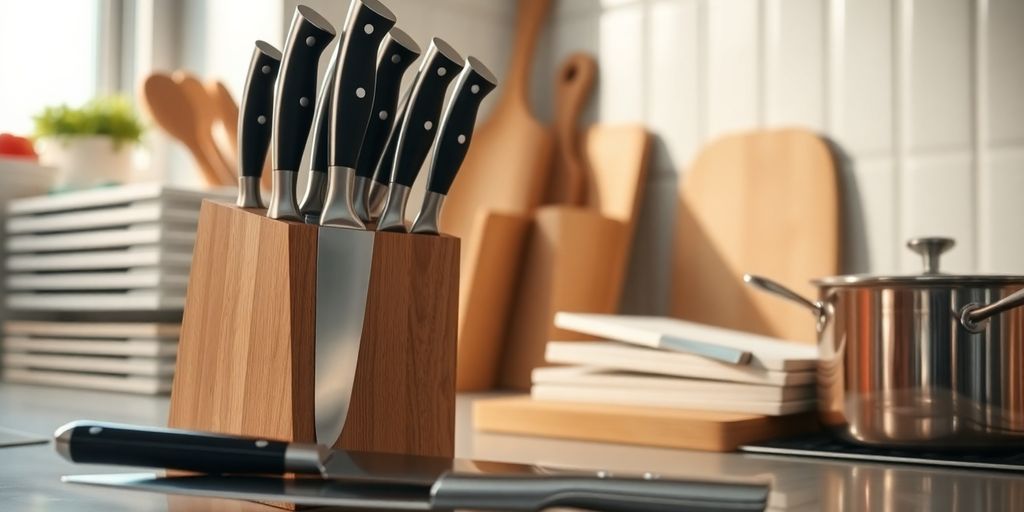Chef's organized kitchen tools, gleaming.