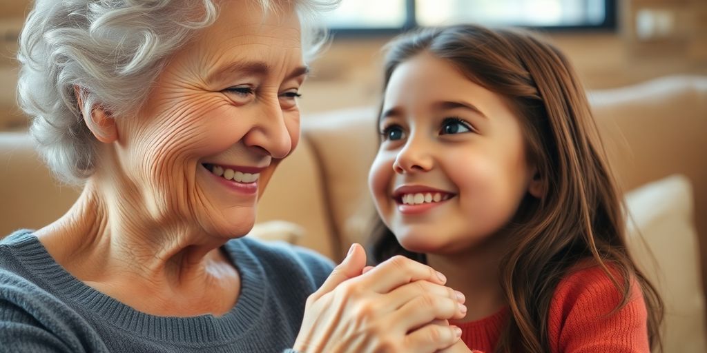 Grandmother, granddaughter, cozy embrace, warm lighting