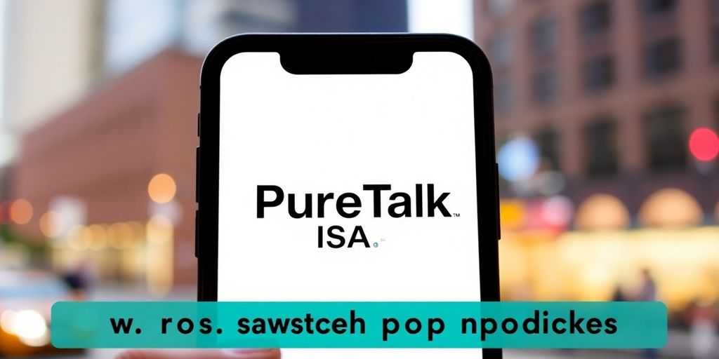 Smartphone with PureTalk USA logo in urban background.