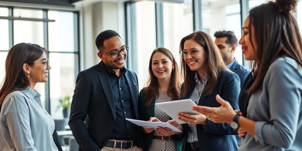 Professionals collaborating in a bright office space.