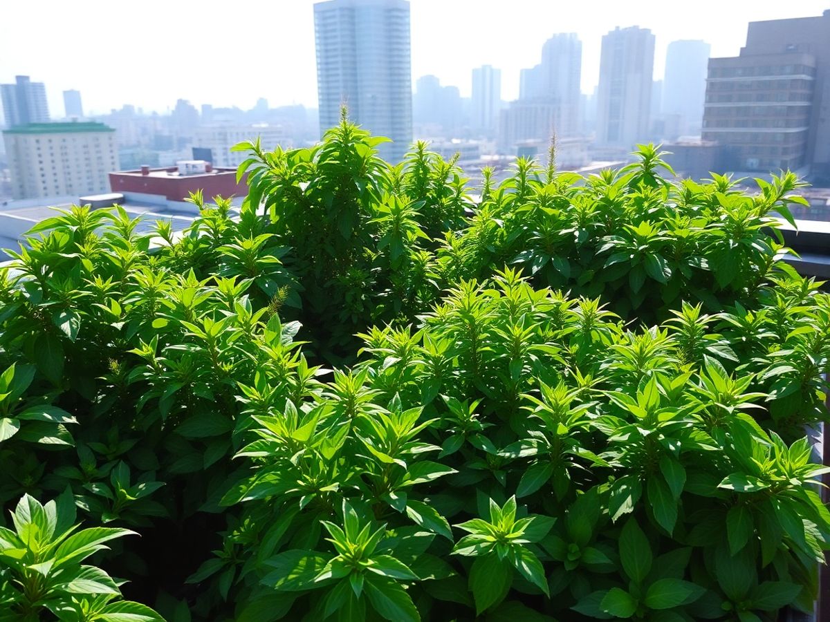 Grădină suspendată urbană cu plante verzi luxuriante sub soare.