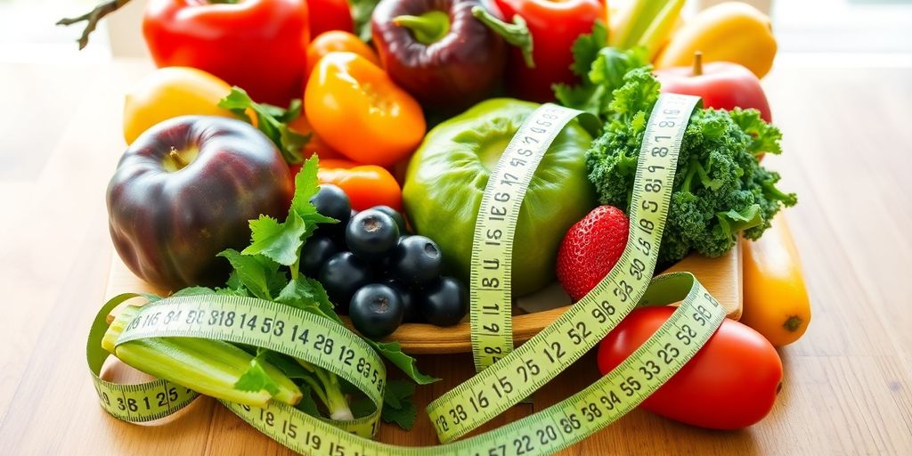 Healthy food and a tape measure on a wooden table.