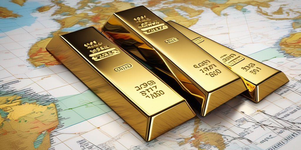 gold bars with stock market graphs and geopolitical map background